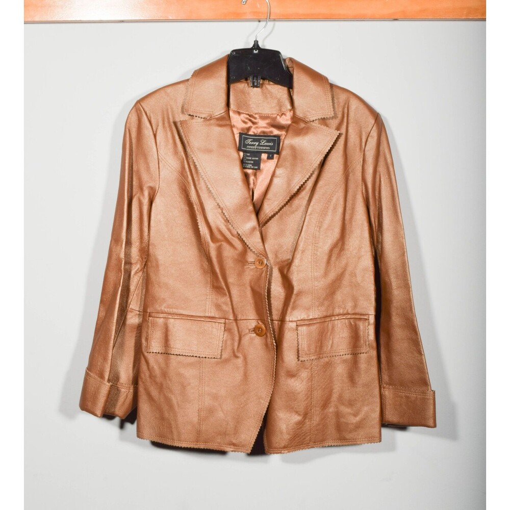 Vintage 90s Y2K Terry Lewis Metallic Brown Leather Button Up Jacket Sz S